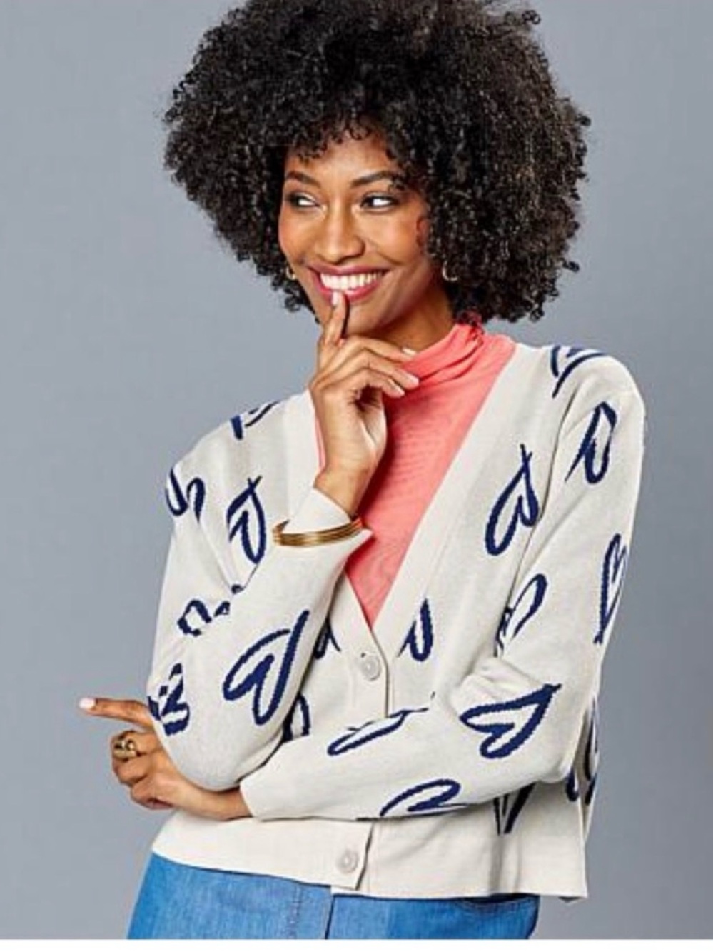HFRxUndra Celeste Cream Cardigan with Navy Heart Jacquard